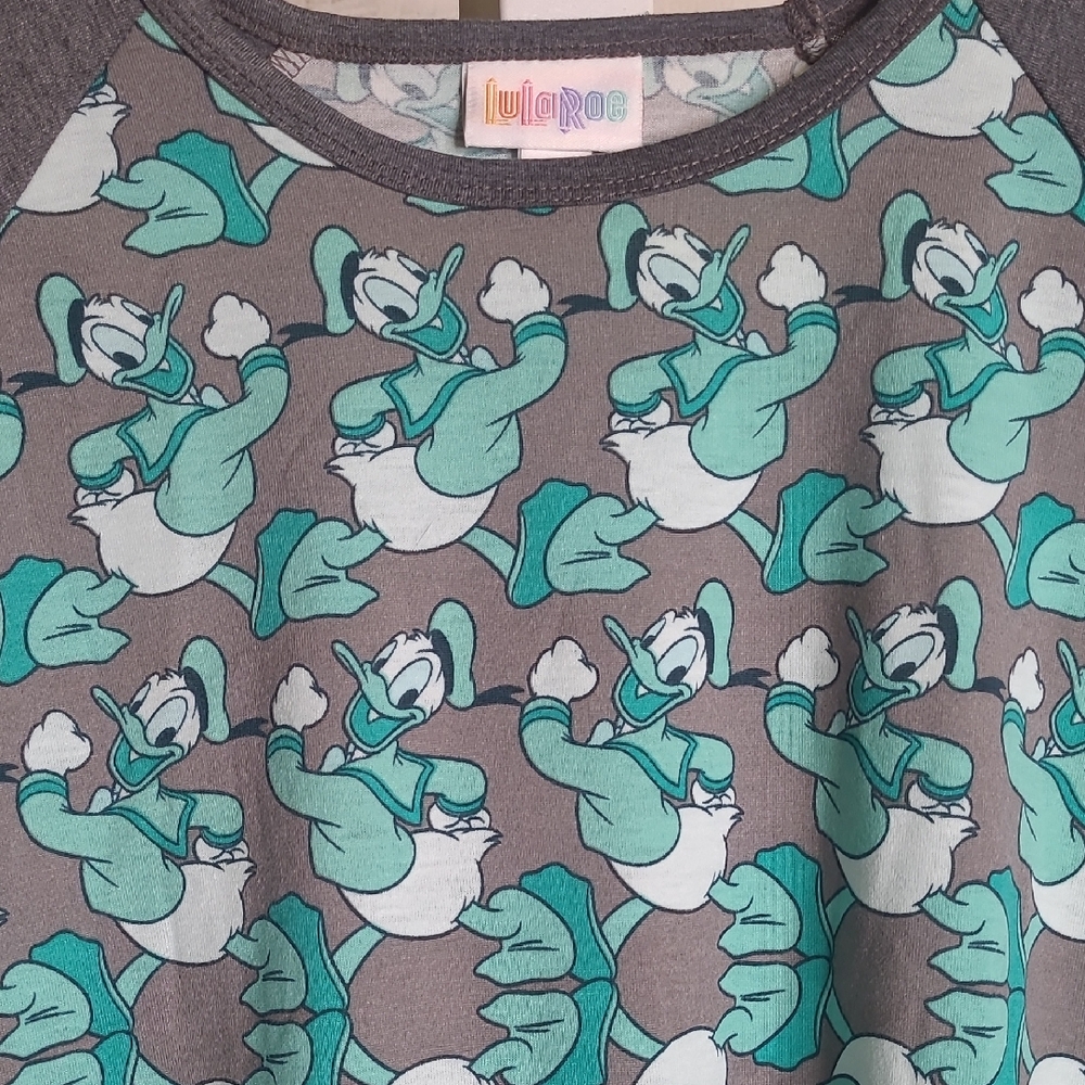 LuLaRoe Womens Large Teal and Gray Donald Duck Tshirt Tunic Top